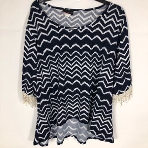 Discreet Shirt Chevron Womens 3X Lace Blue White Sleeve Fringe Top